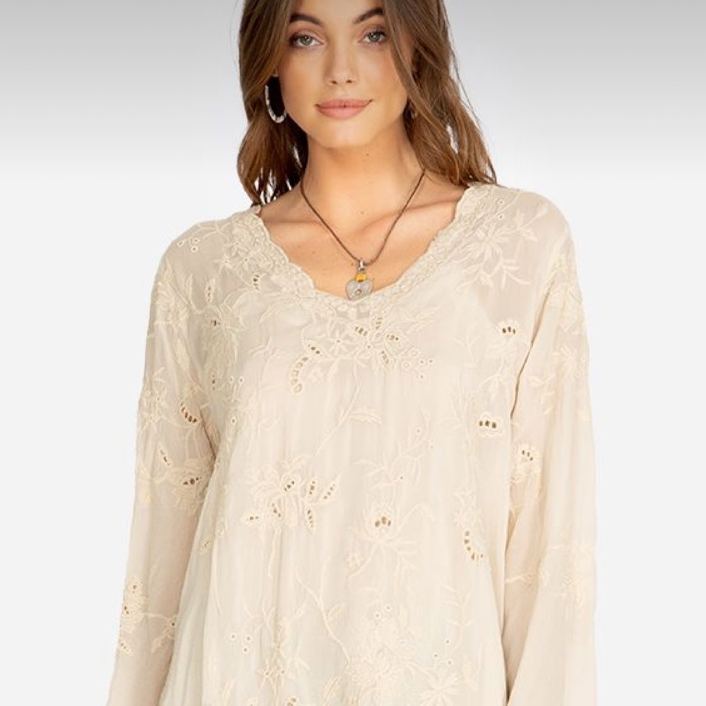 Johnny Was pheasant Elle crotchet embroidery cream top sz Xs